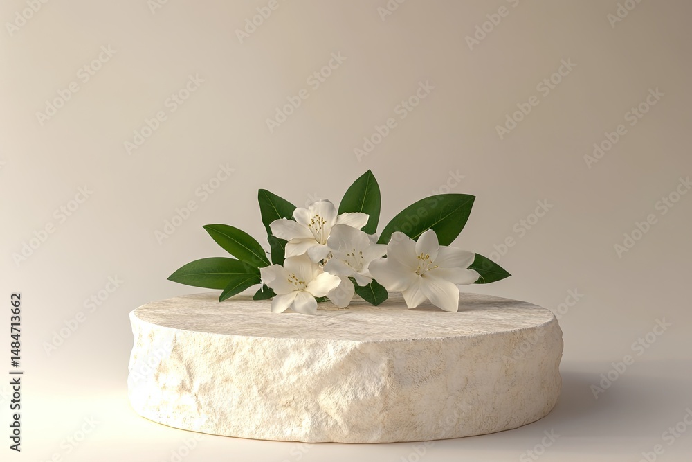 Poster a serene display of natural elements featuring a circular stone pedestal adorned with delicate flowe