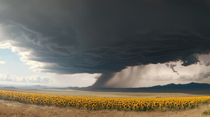 A panoramic view of a sunflower field with a storm approaching in the distance.