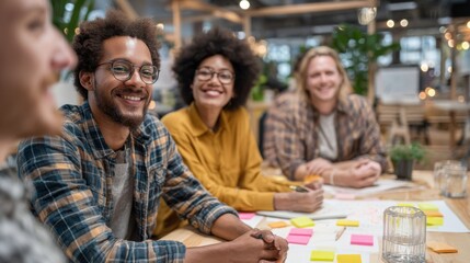 Obraz premium Diverse Group of Young Professionals Collaborating at a Table With Sticky Notes, Representing Teamwork and Creative Problem Solving in a Modern Workplace Environment : Generative AI