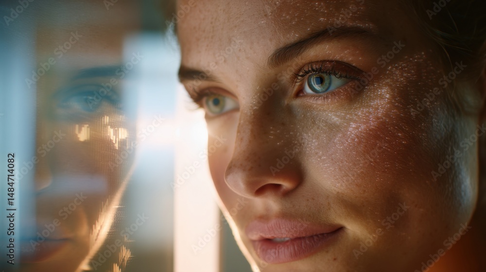 Aufkleber close up of focused woman's face reflected with financial data overlay, symbolizing technology and b