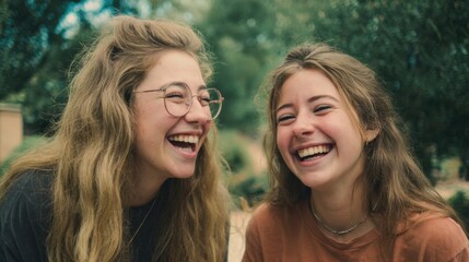 Obraz premium Two Young Women Laughing Outdoors Expressing Joy and Friendship Representing Youth Lifestyle and Emotional Wellbeing : Generative AI
