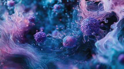 Microscopic view of a virus with a spherical structure and spike-like projections,