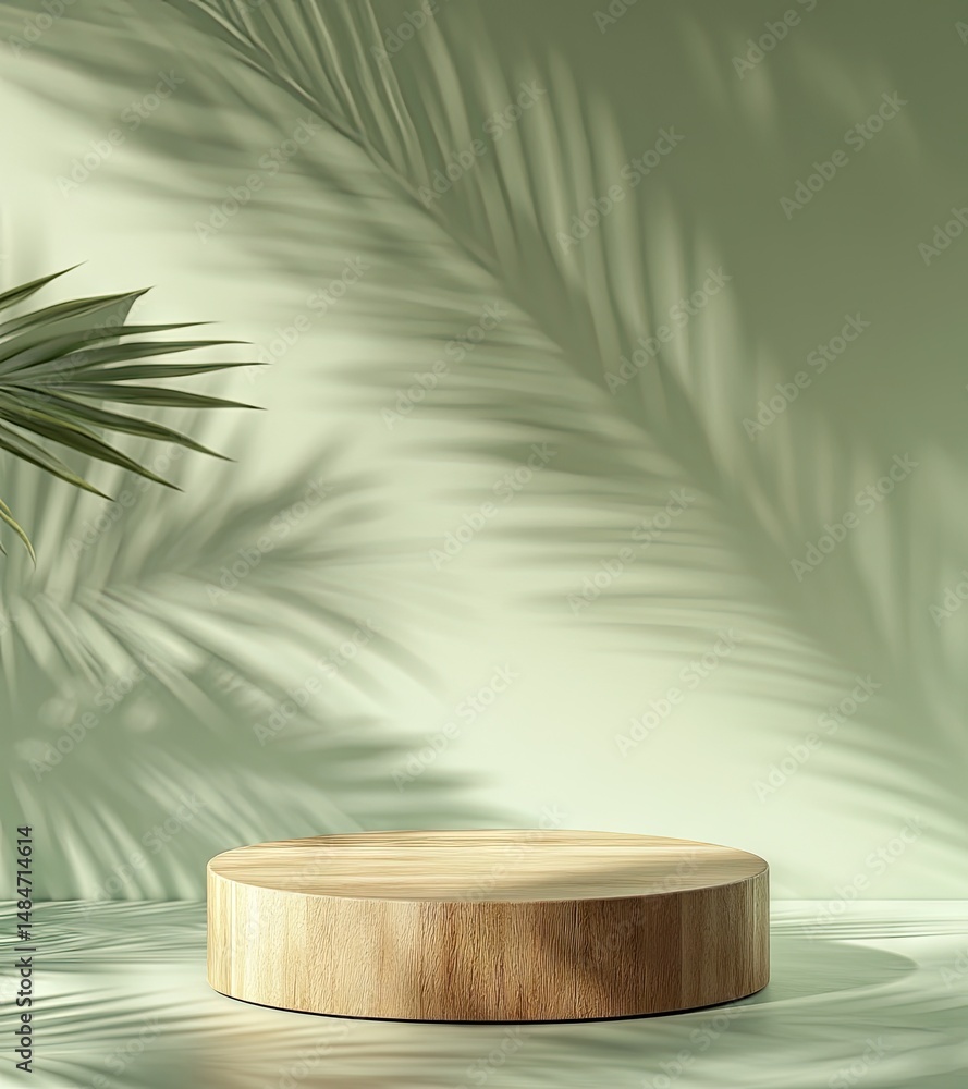 Poster a minimalist wooden display platform sits against a soft green backdrop. with elegant palm shadows c