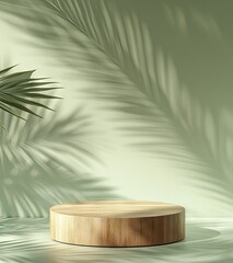 A minimalist wooden display platform sits against a soft green backdrop. with elegant palm shadows creating a tranquil atmosphere. ideal for showcasing products or decor