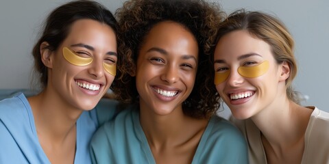 Three young women with eye patches smiling together indoors