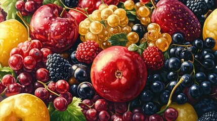 A vibrant illustration featuring three sections of assorted fruits: on the left, a whole strawberry with green leaves,