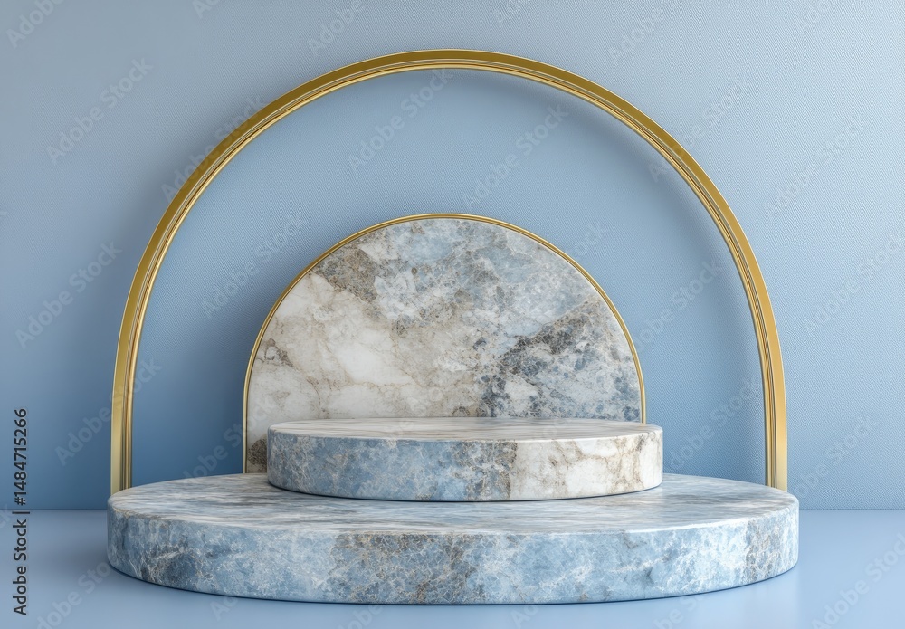 Poster a serene and artistic display featuring circular golden arches over textured blue platforms. with so