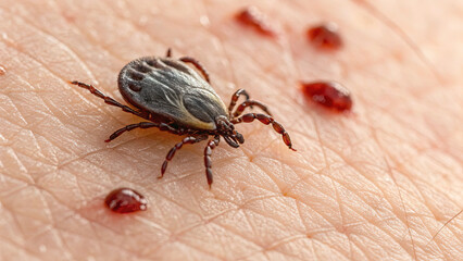 Obraz premium Close-up view of parasitic tick attached to human skin with visible blood droplets, concept of danger from insect bites and disease transmission risks.