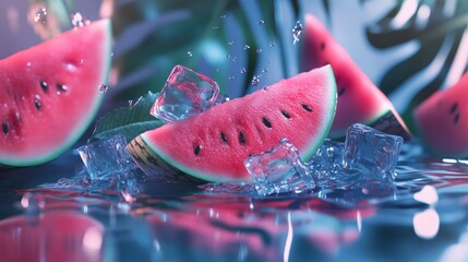 A vibrant slice of watermelon surrounded by splashes of water and ice cubes,