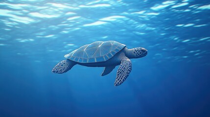 A vibrant, colorful digital illustration of a sea turtle swimming underwater against a geometric blue background.