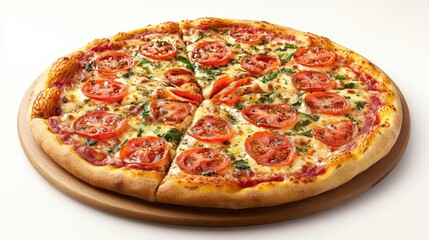 A freshly made pizza topped with sliced cherry tomatoes,