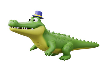 Fototapeta premium Cartoon alligator with hat illustration for animation and design on transparent background