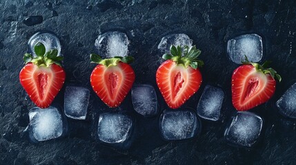 Three fresh strawberries partially immersed in clear ice cubes,