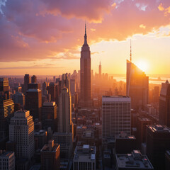 Aerial view of city buildings at sunset with colorful sky glow