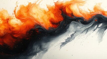 Abstract painting of swirling, fiery orange and dark gray colors