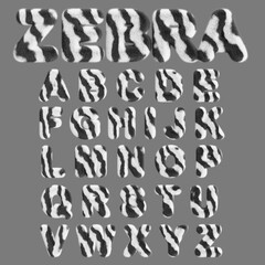 Naklejka premium Zebra alphabet, fluffy font letters with african wild animal skin print. English abc with fur striped pattern for kids. Safari type with white black hairy texture, isolated render set. 3D Illustration