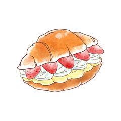 美味しそうないちごと生クリームとカスタードクリームのロールパンのデザートサンド　水彩風
