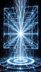 a futuristic holographic display of a cosmic energy grid in mid air, radiating a soft silver blue glow