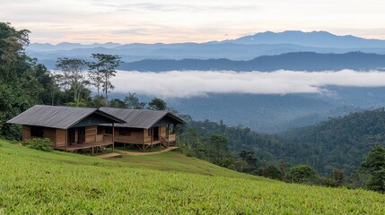 Obraz premium A wooden cabin nestled in a lush green valley, with a majestic mountain range in the distance.