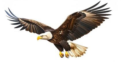Obraz premium Bald eagle in graceful flight soars across the pristine white backdrop