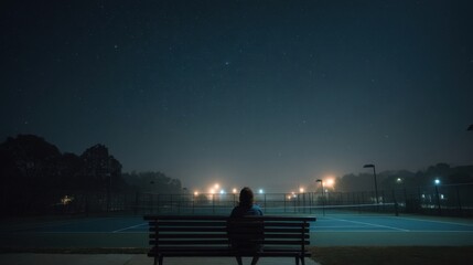 Woman Sitting on Bench at Night Under Starry Sky on Tennis Court, Representing Solitude and Quiet Reflection With a Sense of Mystery and Escape : Generative AI