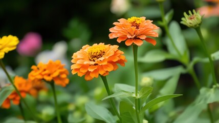 Vibrant Orange Zinnia Flowers Blooming Beautifully in a Lush Green Garden Setting