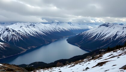 Snowy mountain range with serene lake reflecting the beautiful landscape under clear sky