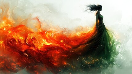 A woman in a flowing dress with a fiery train