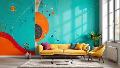 Avant-garde modern art piece featuring a living room with a couch and wall mural design