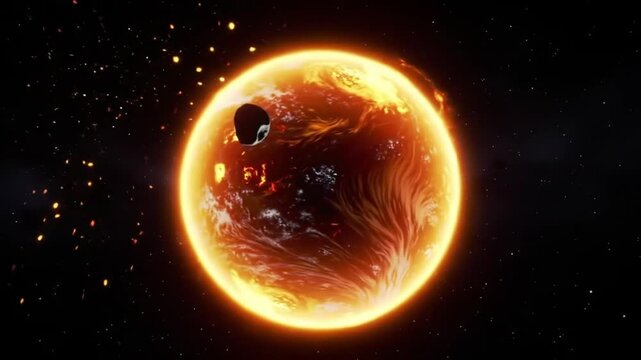 Fiery planet with an approaching asteroid in deep space, a dramatic cosmic event.