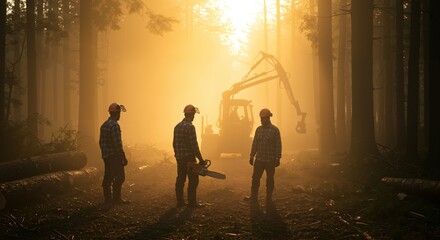 Fototapeta premium Three male lumberjacks in plaid shirts and hard hats stand in a misty, sunlit forest with a chainsaw and logging machinery during early morning operations.