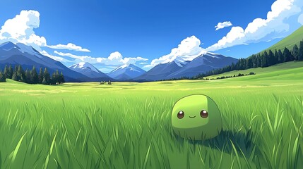 A green blob with two eyes and a smile sits in a grassy field, with mountains and clouds in the background.