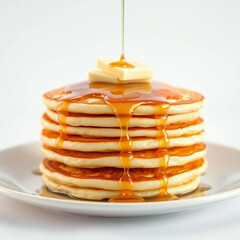 Stack of Fluffy Golden Pancakes with Melting Butter and Syrup, Iridescent Colors, Blurred Bokeh Background, Close-Up Top-Down View

