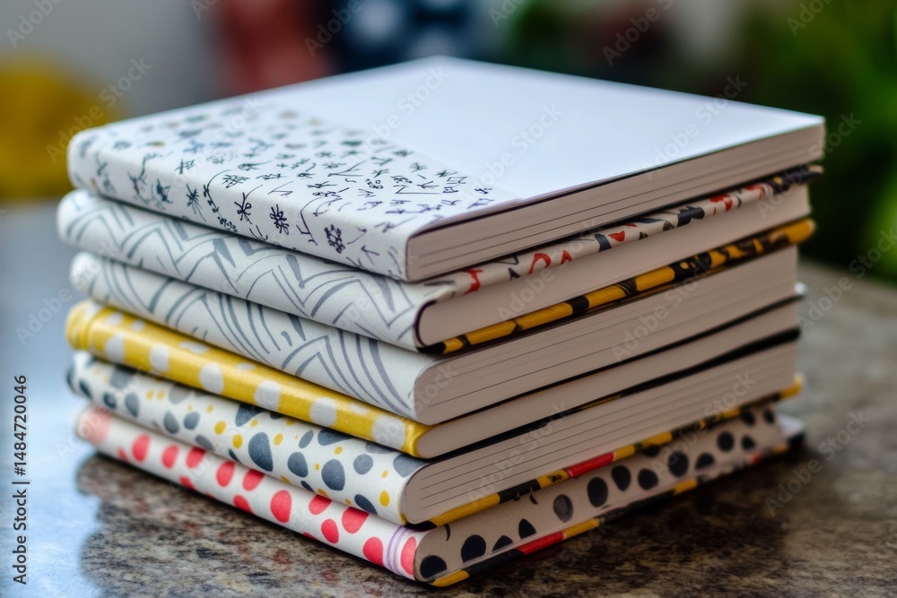 Poster a collection of blank notebooks featuring diverse patterns sits neatly arranged on a table. the vibr