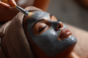 The close-up of the woman's face receiving a clay mud mask facial treatment in a spa salon