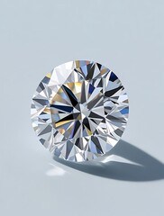 Close-up of a sparkling round brilliant-cut diamond gemstone casting a soft shadow on a clean light background, symbolizing luxury and elegance

