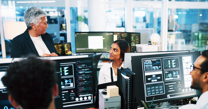 Business people, computer or programming team with monitor for cybersecurity at office. Group, developer or coders with technology screen or display for online maintenance or software development