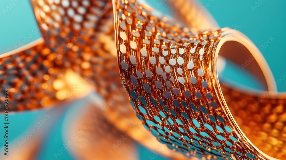 Poster abstract gold ribbon with textured surface against a cyan background. use as a graphic element or ba
