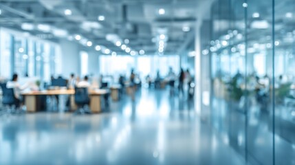 Abstract blurred interior modern office space with business people working banner background with copy space. High quality