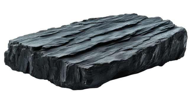 A rough, rectangular piece of black coal with layered, textured surfaces and sharp edges.