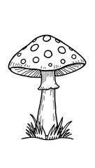 Thick line doodle of a mushroom with polka dots on cap, isolated on white background

