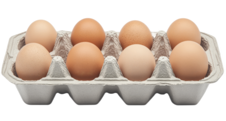 An open egg box containing eight brown eggs is isolated on a white background	