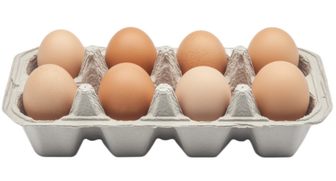 An open egg box containing eight brown eggs is isolated on a white background	