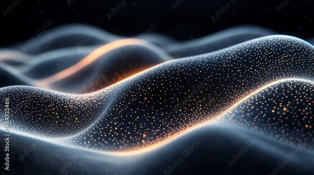 Poster abstract waves of light particles forming a dynamic landscape against a dark background