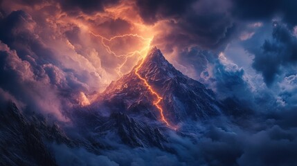 Fototapeta premium Fiery Lightning Strikes Majestic Mountain Peak Amidst a Dramatic Storm