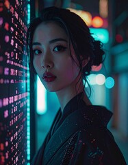 A young woman in a dark kimono stands in a neon lit city gazing thoughtfully
