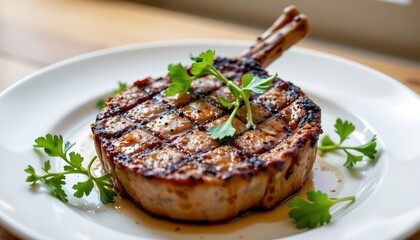 Delicious grilled pork chop on a plate surrounded by colorful vegetables and garnishes