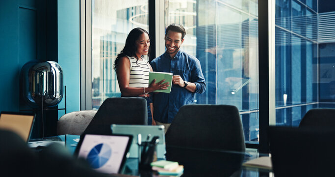 Discussion, colleagues and people with tablet, office and smile for marketing strategy or online. Business, man and woman with tech for campaign, team and happy for info on website and collaboration