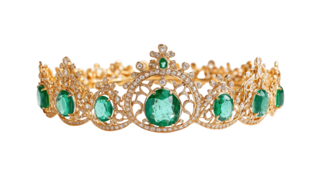 Gold crown adorned with emeralds and diamonds