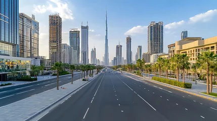 Handdoek met foto Burj Khalifa Clear Dubai highway leads towards futuristic skyline and distant Burj Khalifa monument under blue sky  © MahmudulHassan